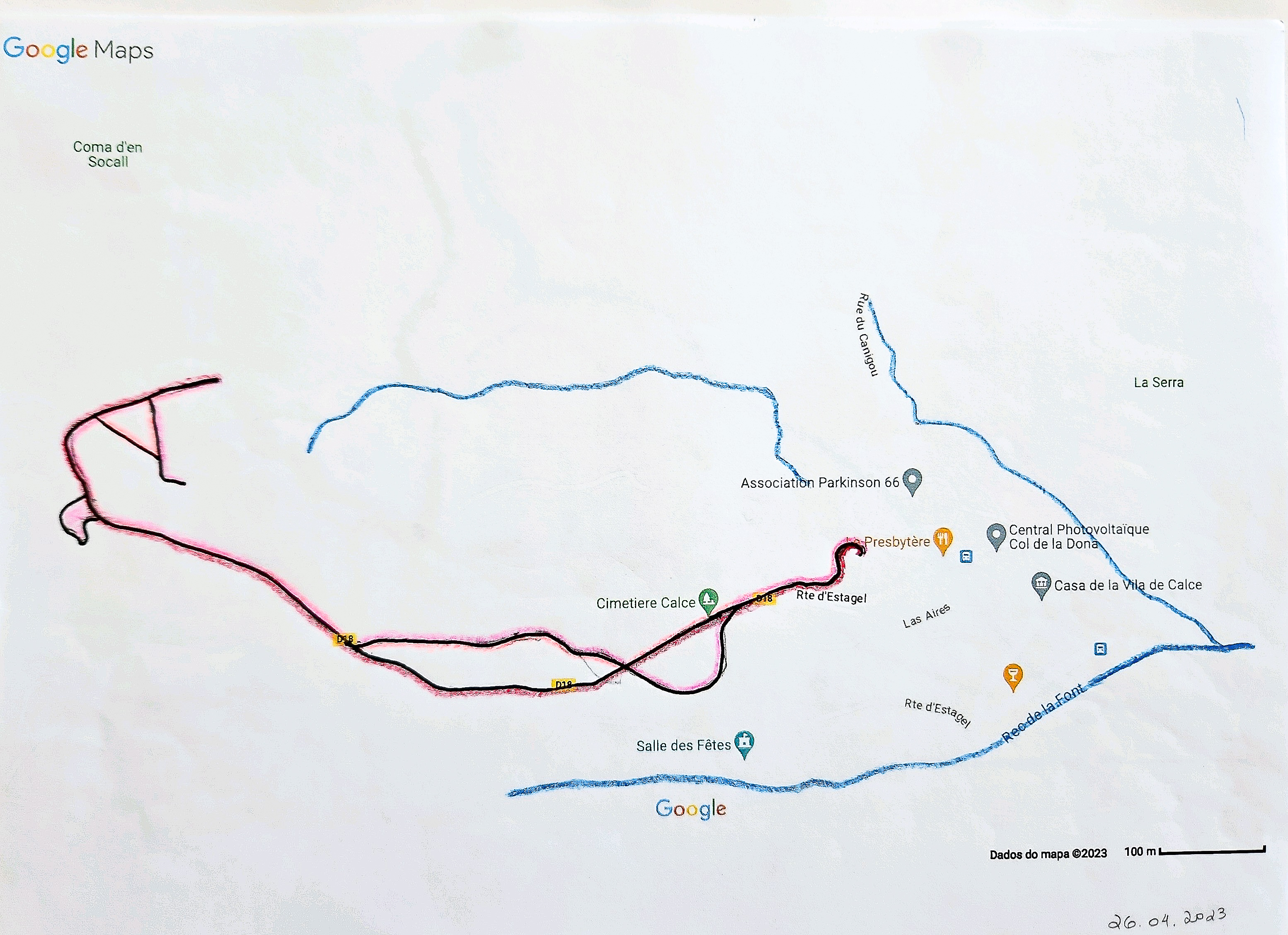 26.04.2023 ii - trajeto de caminhada, desenho sobre papel, traçado à partir de impressão de Google Maps, 21x29,7cm, 2023 .