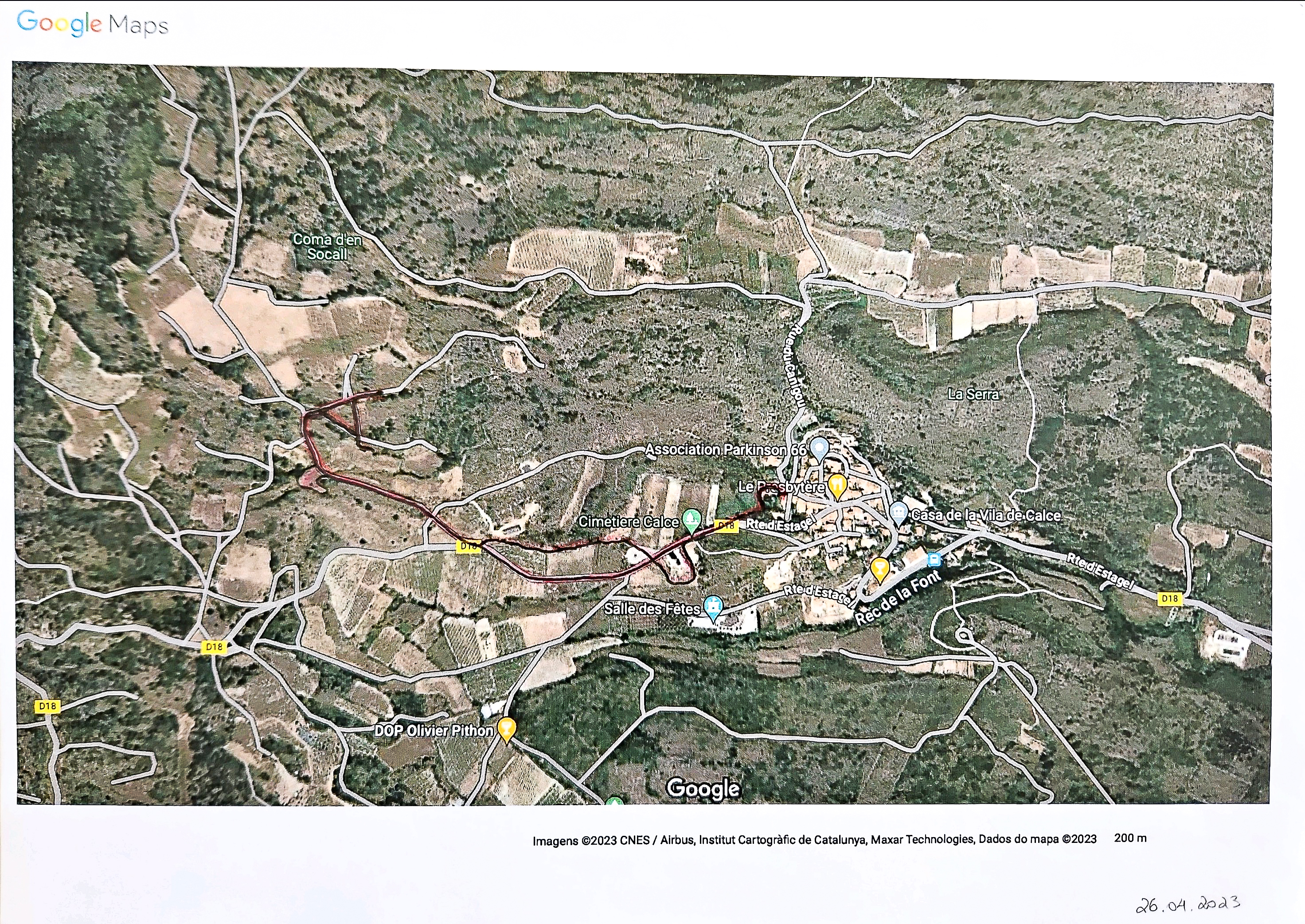 26.04.2023  i - trajeto de caminhada, desenho sobre papel, traçado à partir de impressão de Google Maps, 21x29,7cm, 2023 .