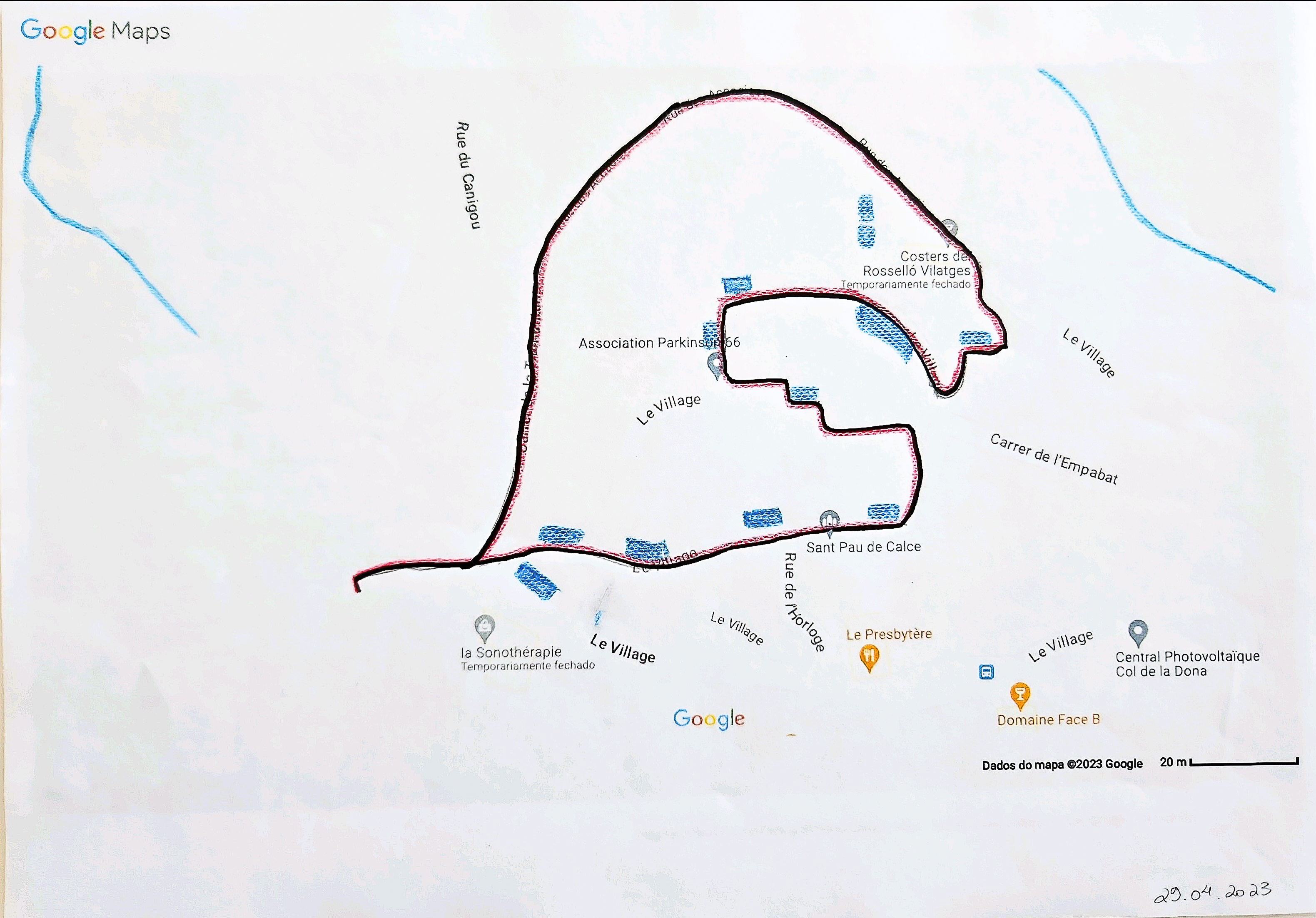 29.04.2023 - i - trajeto de caminhada, desenho sobre papel, traçado à partir de impressão de Google Maps, 21x29,7cm, 2023 .