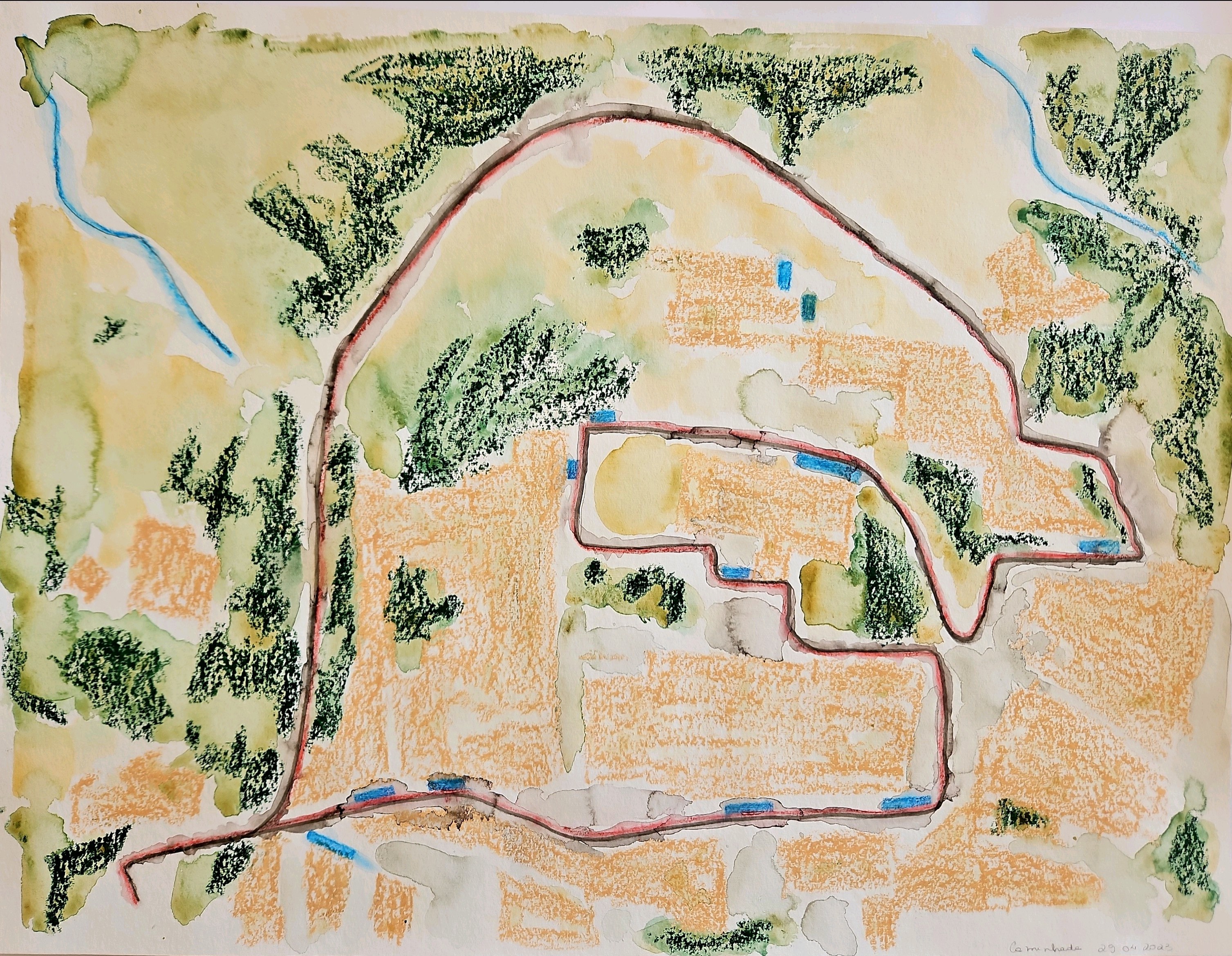 29.04.2023 - iv - trajeto de caminhada, aquarela e desenho sobre papel, traçado à partir de Google Maps, 52x63cm, 2023.